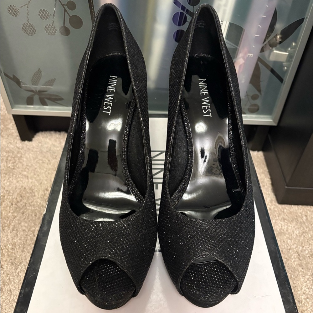 Nine West Black Sparkly Glittery Peep Toe Heels Pumps BNIB Size 7